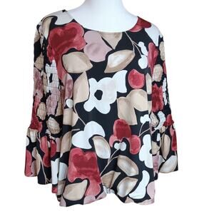 Alfani Top Blouse Stretchy L Floral Romantic Smocked Flare Sleeves Dressy Career
